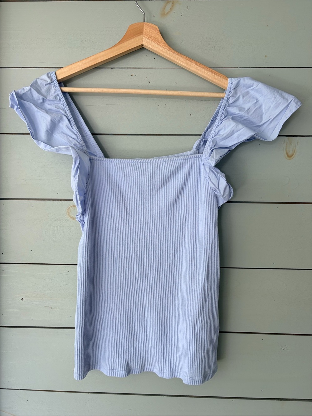 A New Day Blue Ribbed Flutter Sleeve Top Size M